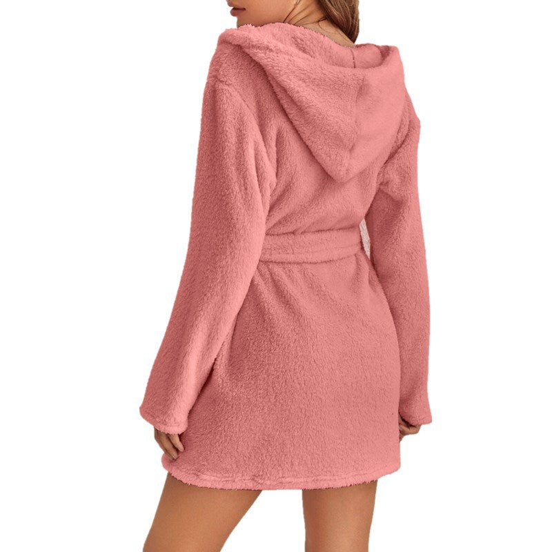 Pink 2XL Size Women's Ultra-Thick Plush Robe with Large Hood & Pockets  - Warm Winter Double-Layer Sherpa Fleece Lounge, Bathrobe & Nightwear