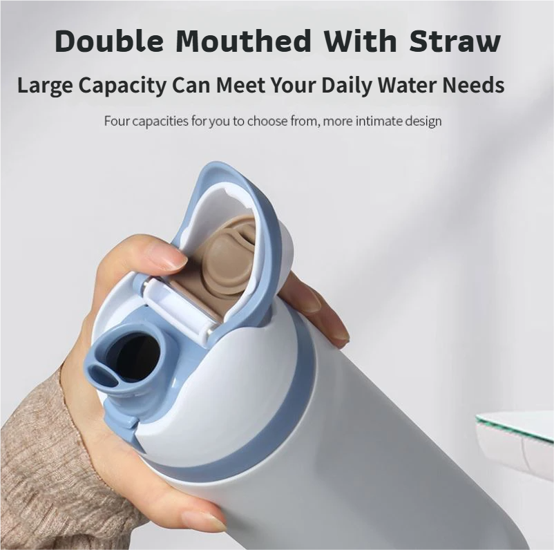 24oz White Large Thermal Water Bottle with Dual-Sipping Lid & Built-in Straw - Leak-Proof 304 Stainless Steel Outdoor Sports Flask