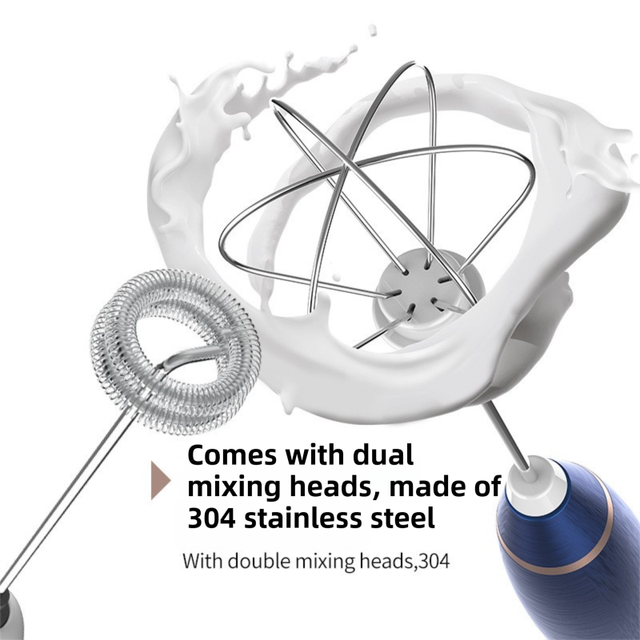 White Wireless 3-Speed Milk Frother & Egg Whisk with Dual Mixing Heads & Hidden Hook - Handheld USB Rechargeable Foam Maker for Coffee, Cream & Baking