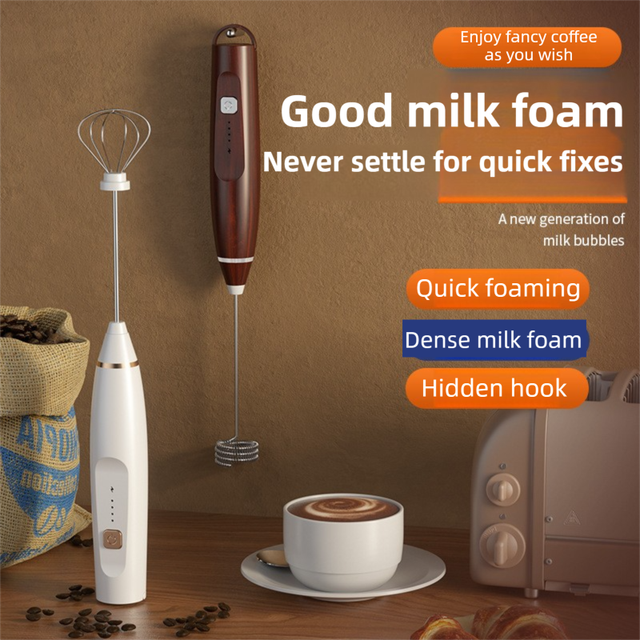 Blue Wireless 3-Speed Milk Frother & Egg Whisk with Dual Mixing Heads & Hidden Hook - Handheld USB Rechargeable Foam Maker for Coffee, Cream & Baking