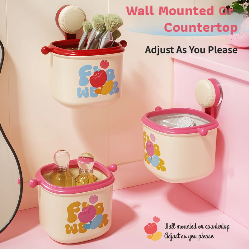 2-Pack Cream Red & Cream Powder Cute Suction Cup Wall-Mounted Trash Bin with Bag Press Ring and Wide Opening - Multifunctional Organizer & Waste Basket for Office Living Room And Bedroom