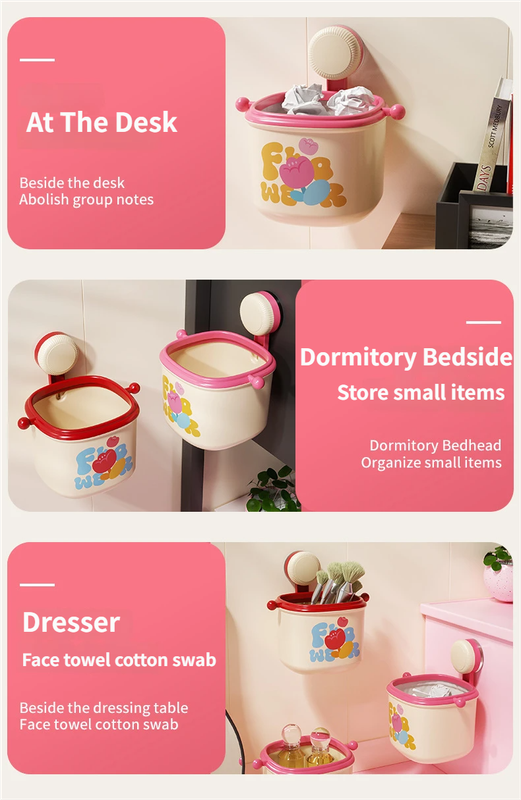 2-Pack Cream Red & Cream Powder Cute Suction Cup Wall-Mounted Trash Bin with Bag Press Ring and Wide Opening - Multifunctional Organizer & Waste Basket for Office Living Room And Bedroom