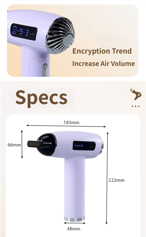 Purple Cordless Ionic Constant Heated Hair Dryer with LCD Display & 9 Wind Speeds - USB Rechargeable Hair Care Blow Dryer, Concentrator & Diffuser Included