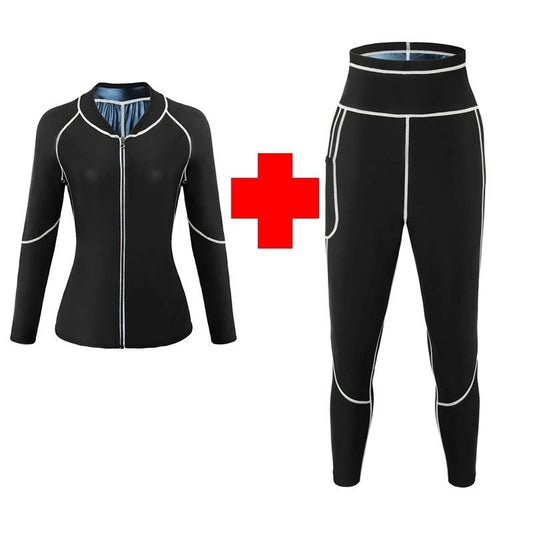 L Size Black and Blue Women's Workout Sauna Sweat Suit Set: Long Sleeve & Leggings - High Elasticity Compression Shapewear for Weight Loss & Yoga