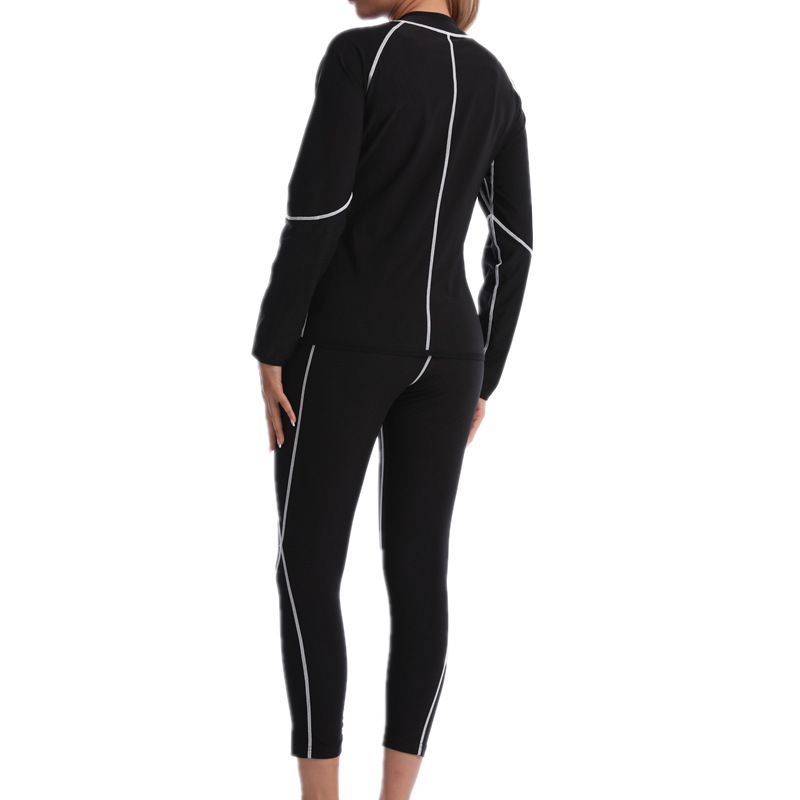 L Size Black and Blue Women's Workout Sauna Sweat Suit Set: Long Sleeve & Leggings - High Elasticity Compression Shapewear for Weight Loss & Yoga