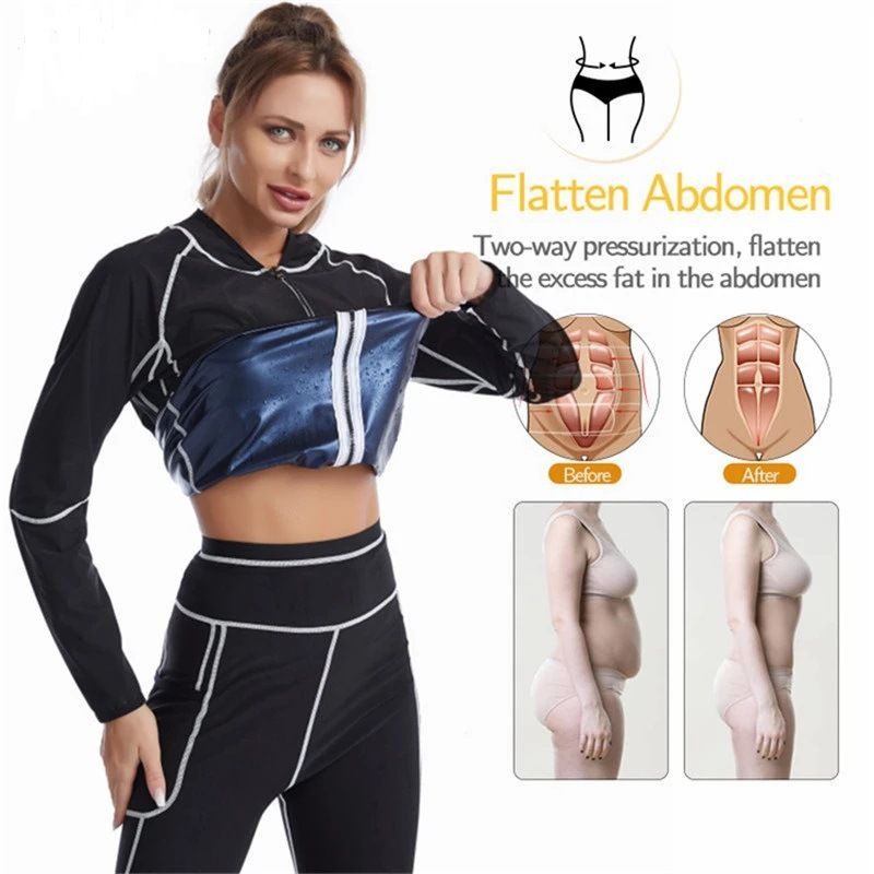 XL Size Black and Blue Women's Workout Sauna Sweat Suit Set: Long Sleeve & Leggings - High Elasticity Compression Shapewear for Weight Loss & Yoga