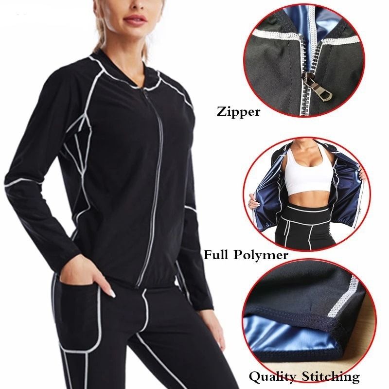 M Size Black and Silver Women's Workout Sauna Sweat Suit Set: Long Sleeve & Leggings - High Elasticity Compression Shapewear for Weight Loss & Yoga