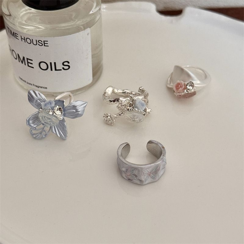 Vintage Camellia Handmade Enamel Wide Metal Ring B with Zirconia Accents - French Style Stackable Floral Band for Women
