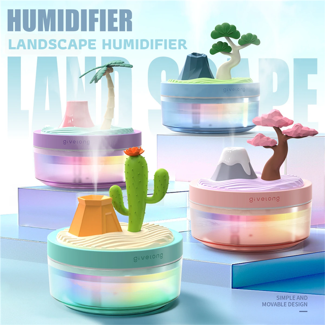 Cactus Green USB Portable Bionic Landscape Humidifier and Creative Potted Plant Air Diffuser - 7-Color Night Light & 2-Mode Mist Timer