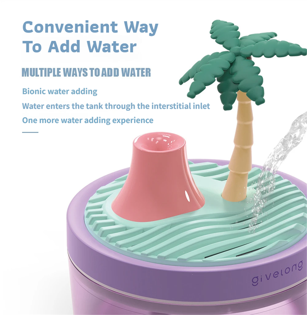 Coconut Tree & Cherry Blossom USB Portable Bionic Landscape Humidifier and Creative Potted Plant Air Diffuser - 7-Color Night Light & 2-Mode Mist Timer