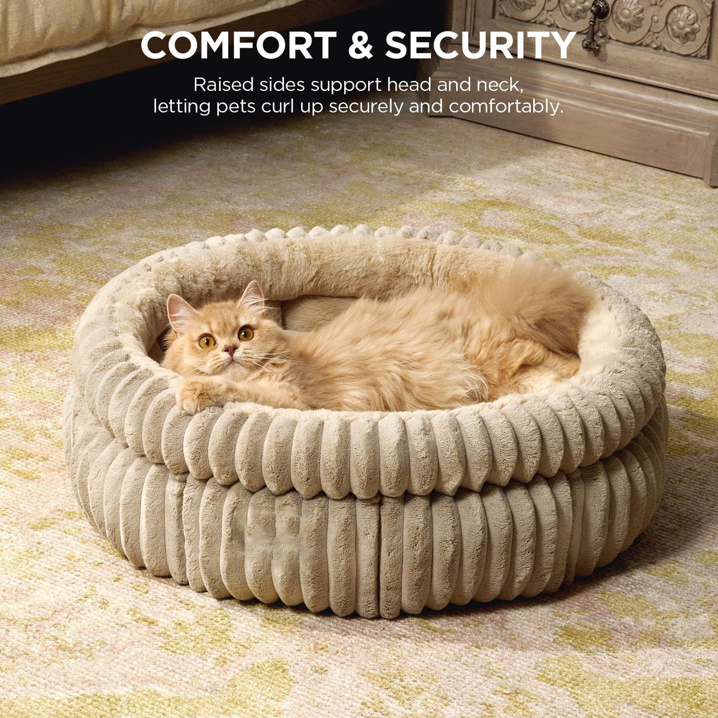 50x50x18 CM Pink Ultra-Soft Thickened Round Pet Bed with Stripe Texture - Plush Self-Warming Donut Nest for Cats and Small Dogs