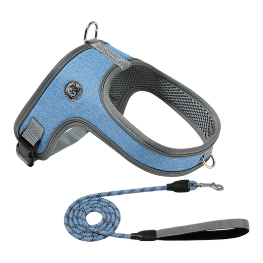 M Size Blue Waterproof Reflective Saddle-Style Dog Harness & 1.5M Leash Set - Breathable Anti-Choke Escape-Proof Step-In Walking Gear