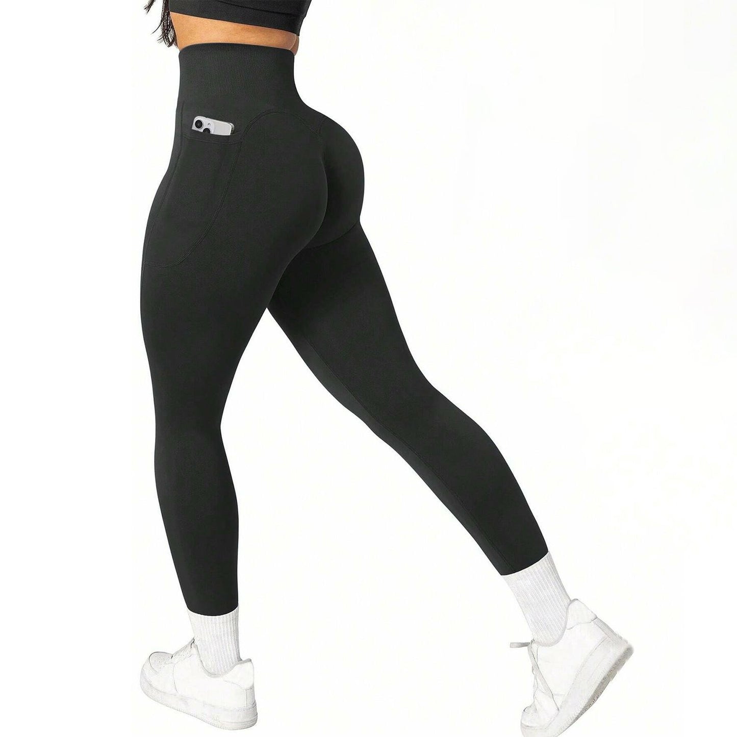 S Size Black Breathable High-Waist Ruched Butt-Lift Yoga Leggings - Dual Pockets & No Front T - LineNaked-Feel Performance Tights for Gym, Running & Pilates