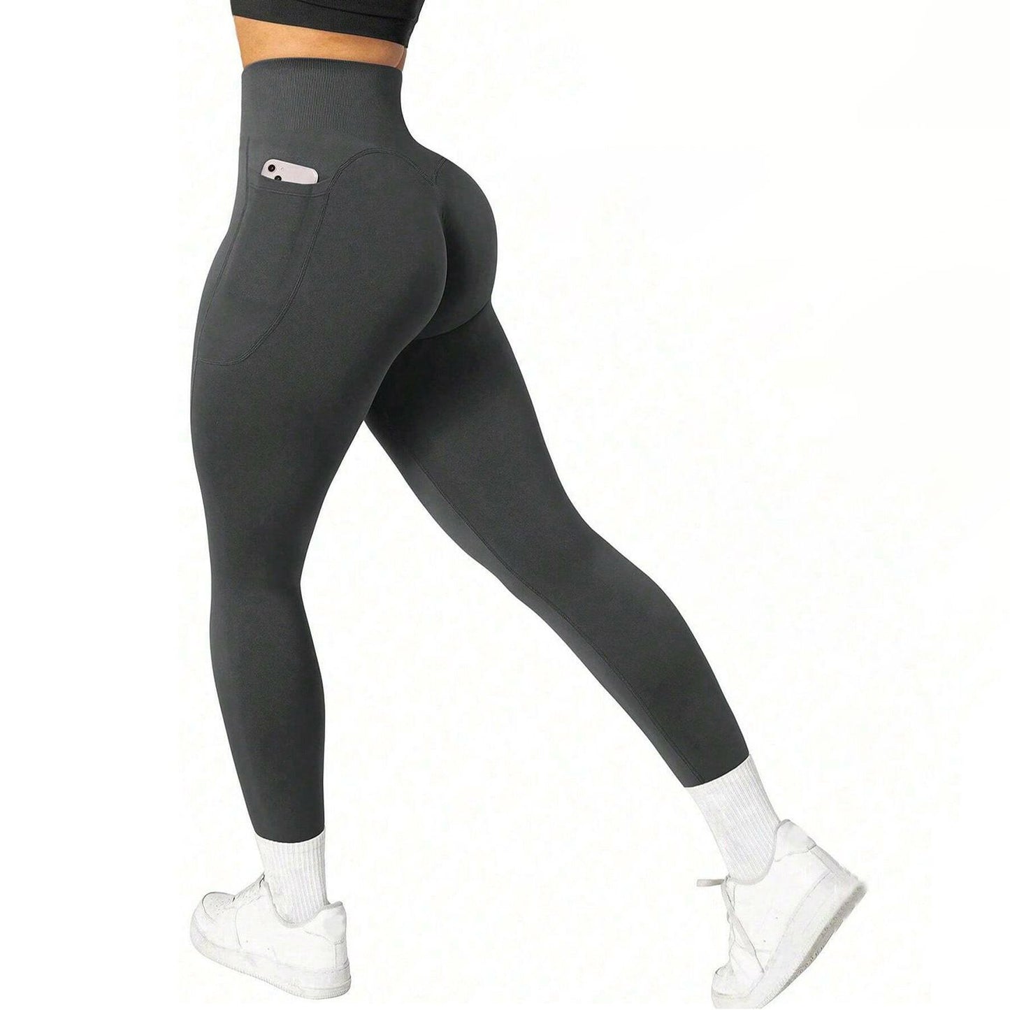 S Size Dark Grey Breathable High-Waist Ruched Butt-Lift Yoga Leggings - Dual Pockets & No Front T - LineNaked-Feel Performance Tights for Gym, Running & Pilates