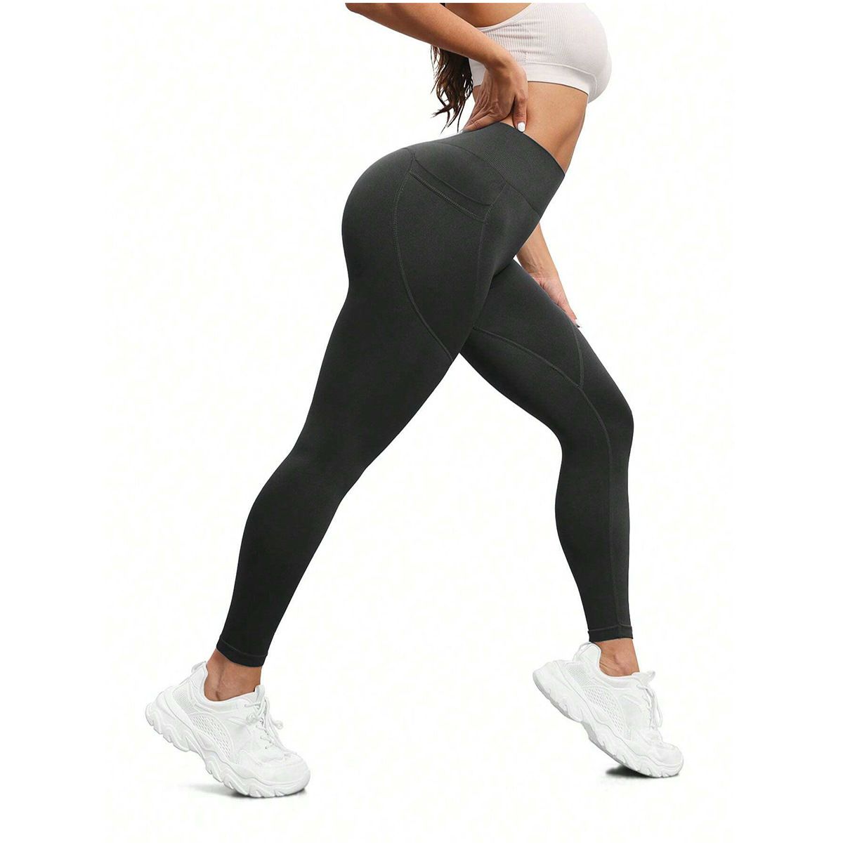 M Size Dark Grey Breathable High-Waist Ruched Butt-Lift Yoga Leggings - Dual Pockets & No Front T - LineNaked-Feel Performance Tights for Gym, Running & Pilates
