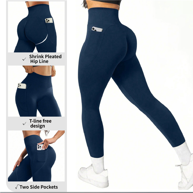 M Size Blue Breathable High-Waist Ruched Butt-Lift Yoga Leggings - Dual Pockets & No Front T - LineNaked-Feel Performance Tights for Gym, Running & Pilates
