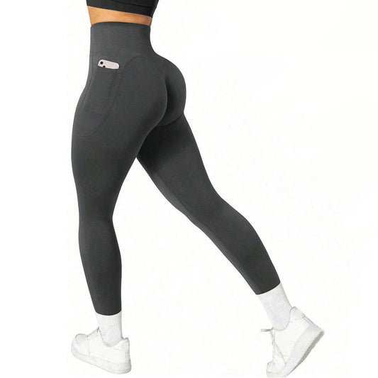 L Size Dark Grey Breathable High-Waist Ruched Butt-Lift Yoga Leggings - Dual Pockets & No Front T - LineNaked-Feel Performance Tights for Gym, Running & Pilates