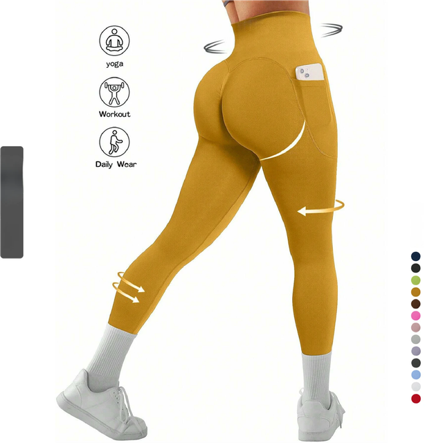 L Size Blue Breathable High-Waist Ruched Butt-Lift Yoga Leggings - Dual Pockets & No Front T - LineNaked-Feel Performance Tights for Gym, Running & Pilates