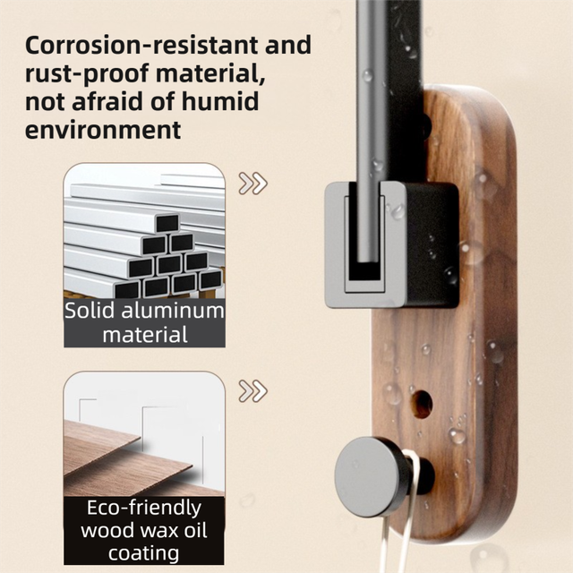 23CM Moisture Aluminum Folding Towel Rack Integrated Bottom Hook - 90° Folding Black Walnut Grain Wall-Mounted Drying Rod and Organize