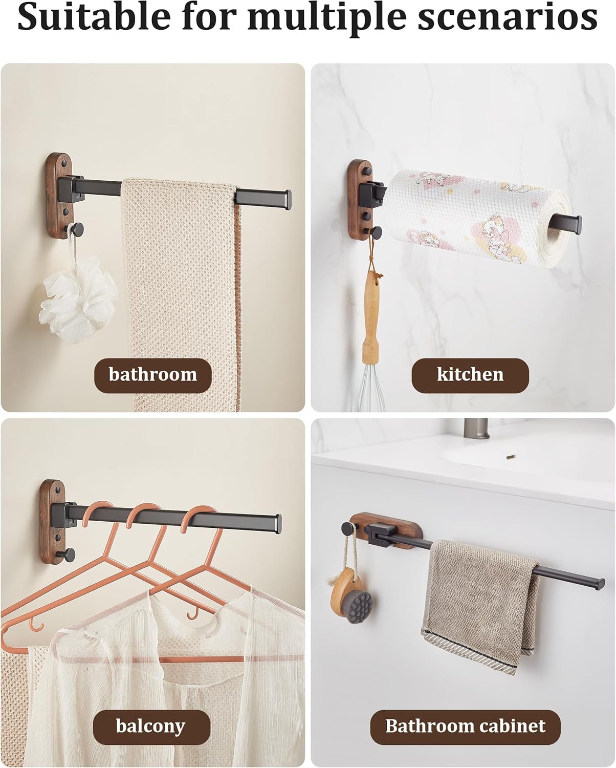 33CM Moisture Aluminum Folding Towel Rack Integrated Bottom Hook - 90° Folding Black Walnut Grain Wall-Mounted Drying Rod and Organize
