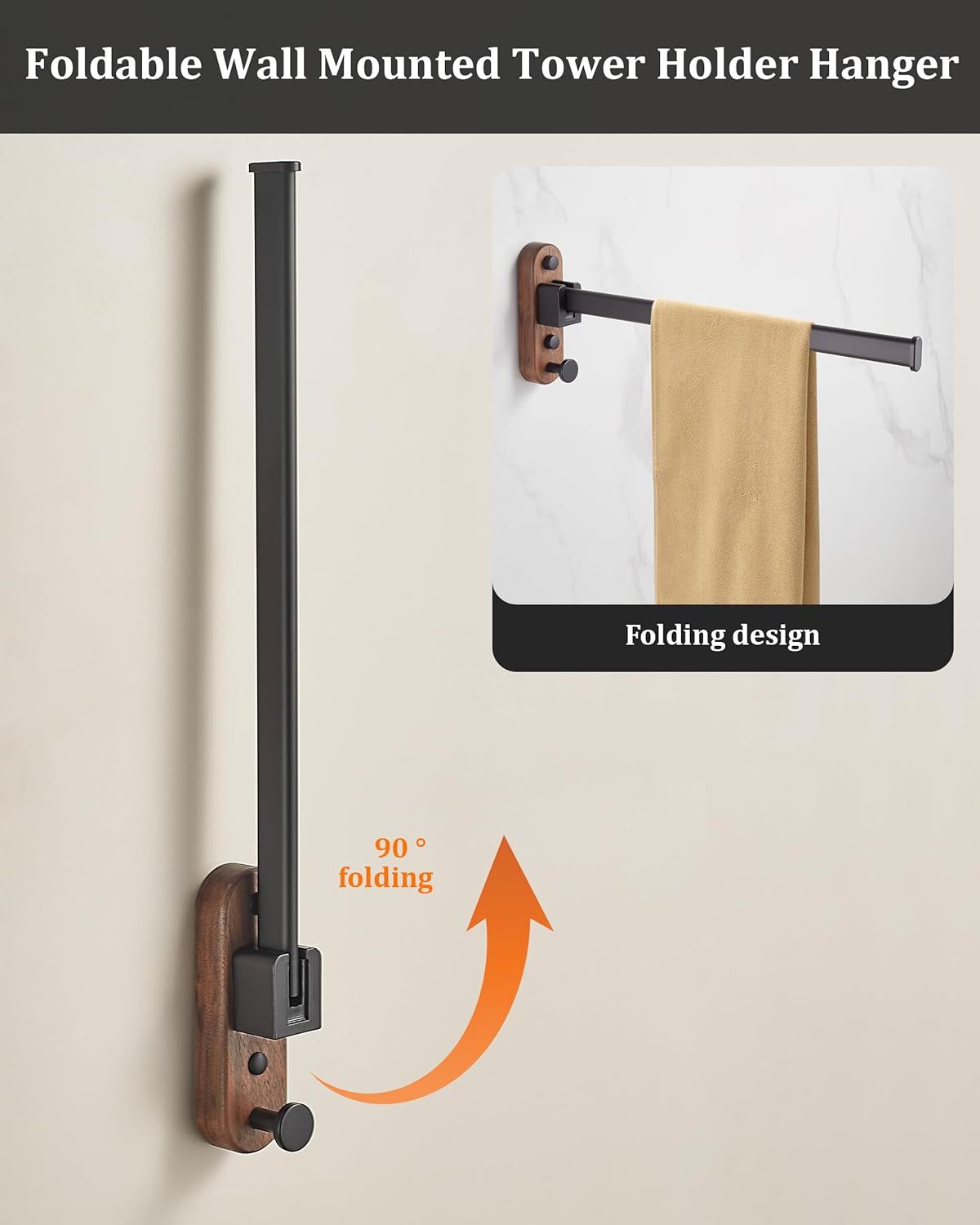 33CM Moisture Aluminum Folding Towel Rack Integrated Bottom Hook - 90° Folding White Beechwood Grain Wall-Mounted Drying Rod and Organize