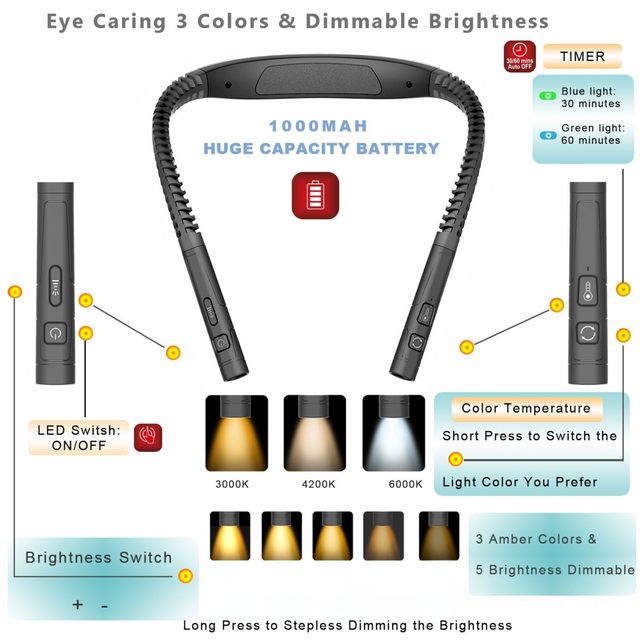 Purple LED Rechargeable Ergonomic Neck Reading & Running Light - Timer, 3 Color & 5 Brightness - Eye-Caring Hands-Free Flexible Book Light
