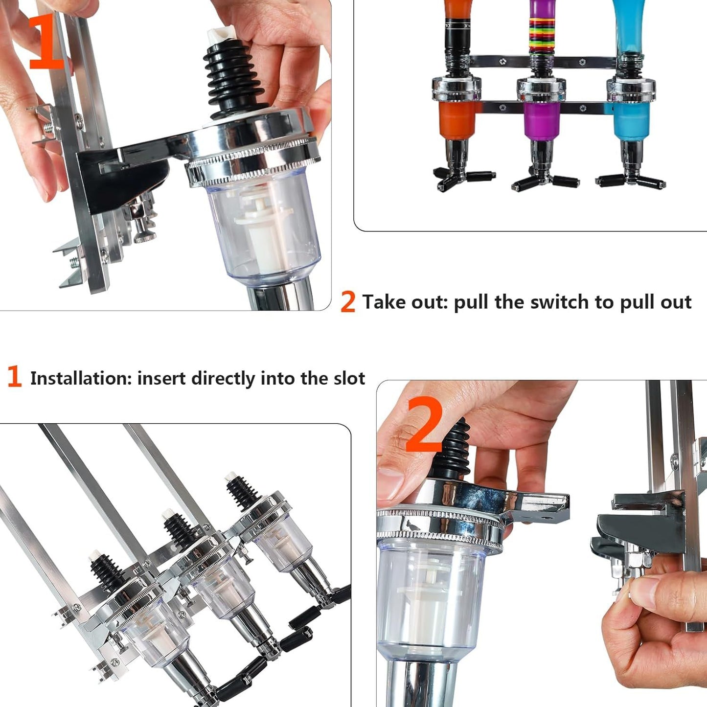 Professional Wall-Mounted Alcohol Tot Dispenser (4 Head) - Heavy Duty Adjustable Metal Wine Rack Decor with Spring-Loaded Bottle Holder
