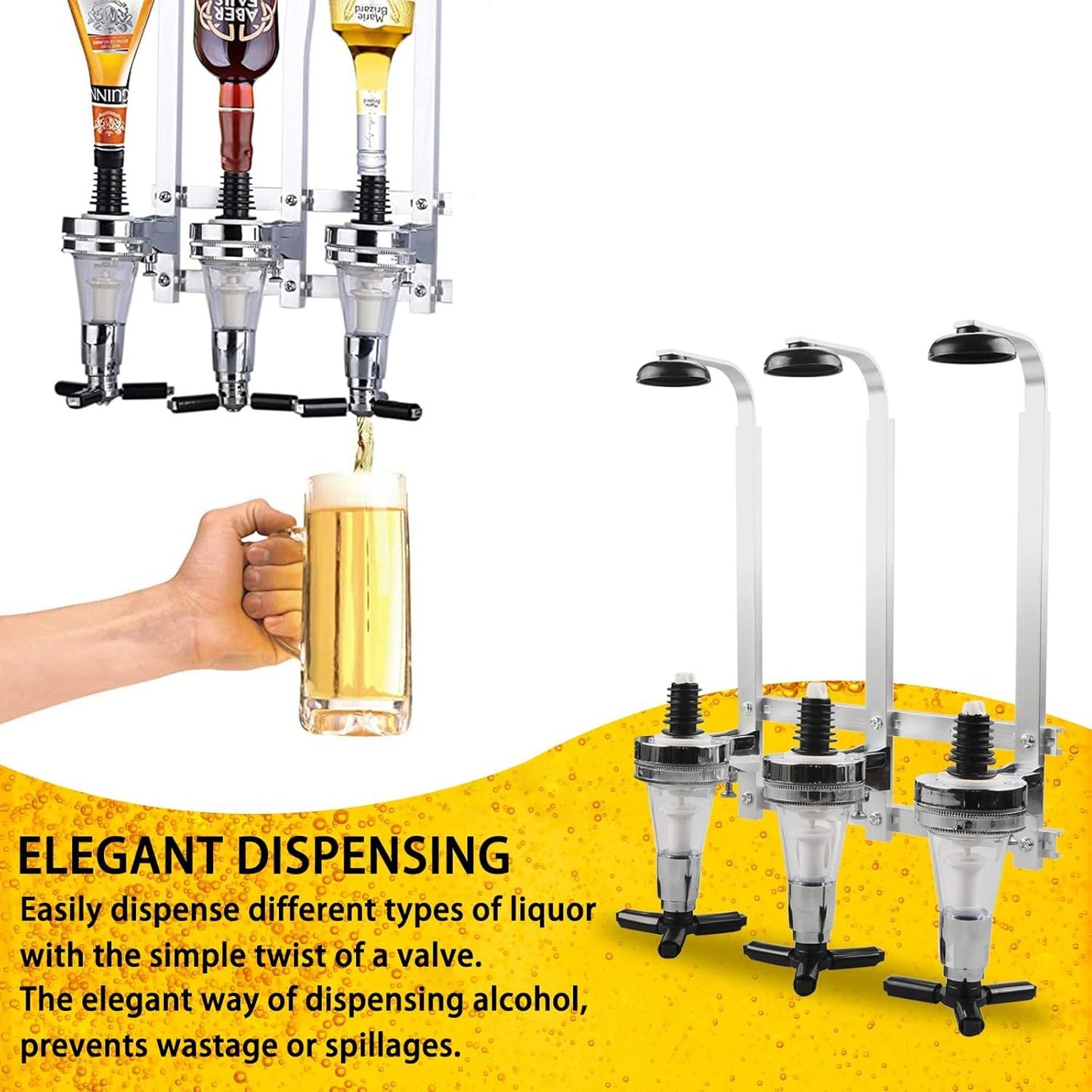 Professional Wall-Mounted Alcohol Tot Dispenser (6 Head) - Heavy Duty Adjustable Metal Wine Rack Decor with Spring-Loaded Bottle Holder