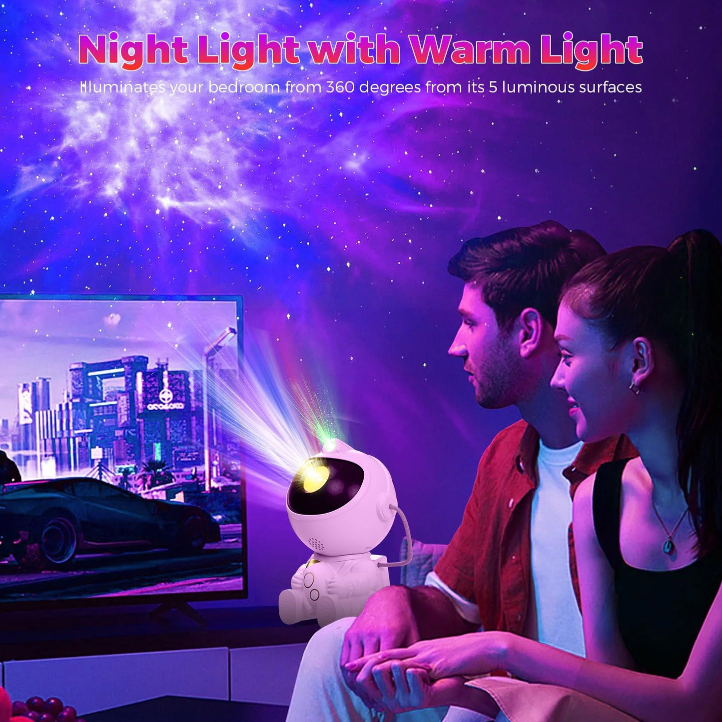 USB Powered Astronaut Nebula Projector & Starry Night Ambient Light with Star Accents - 8 Nebula Effects, 360° Rotating Head & Remote Control
