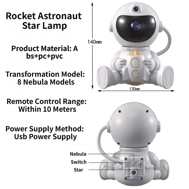 USB Powered Astronaut Nebula Projector & Starry Night Ambient Light with Small Rocket Accents - 8 Nebula Effects, 360° Rotating Head & Remote Control