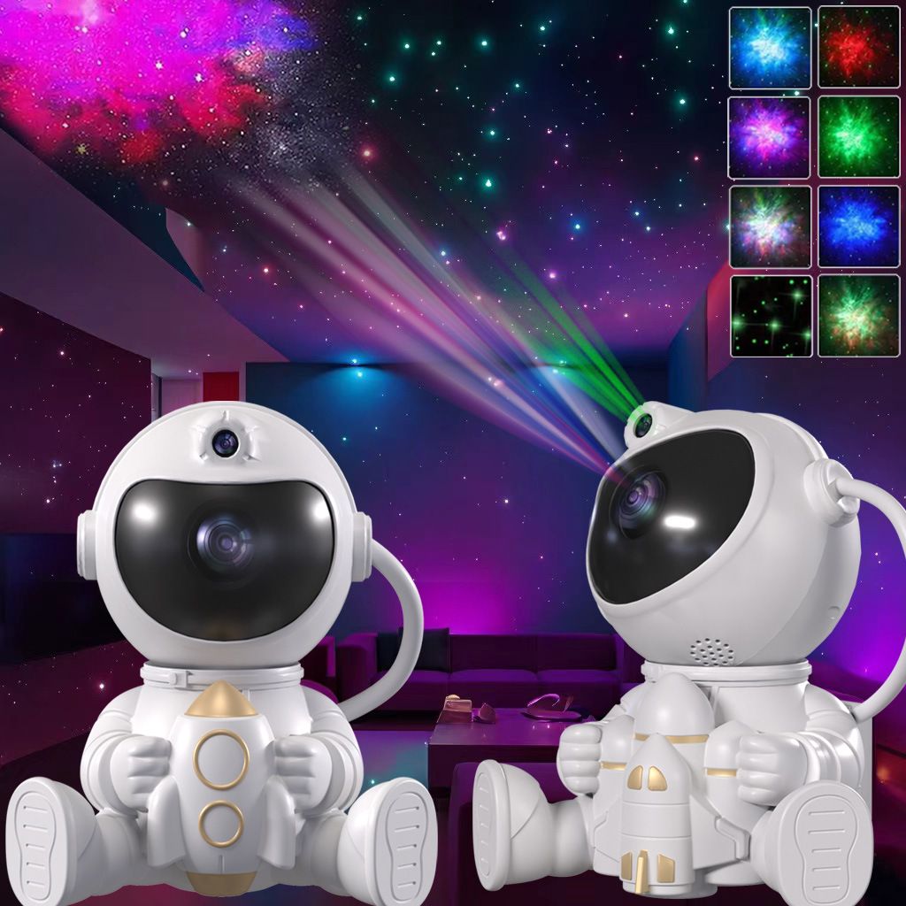 USB Powered Astronaut Nebula Projector & Starry Night Ambient Light with Small Rocket Accents - 8 Nebula Effects, 360° Rotating Head & Remote Control