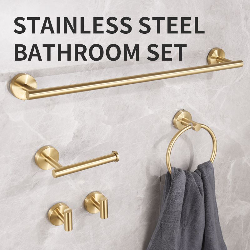 5PCS Matt Silver Stainless Steel Bathroom Organizer Set - Wall-Mounted Rotatable Towel Bar, Toilet Paper Holder, Towel Ring & Versatile T-shaped Hooks