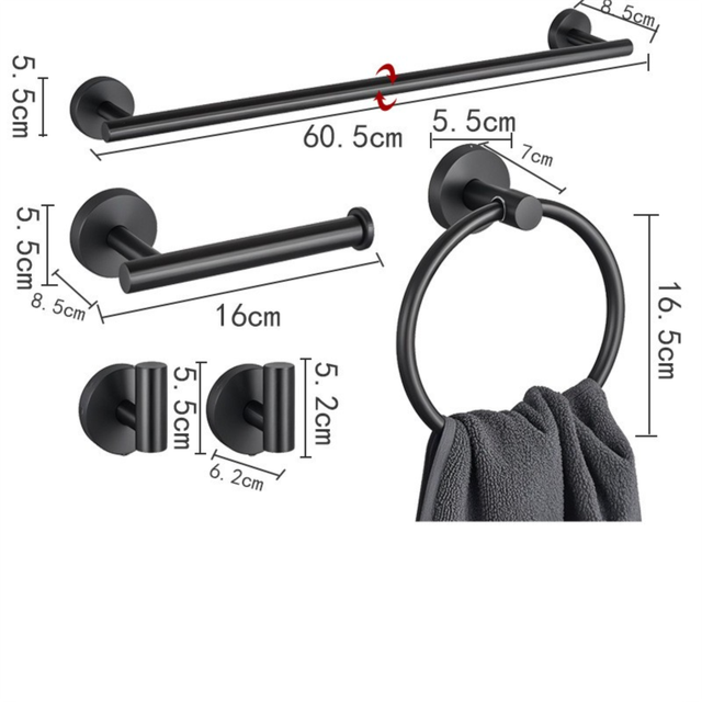 5PCS Matt Black Stainless Steel Bathroom Organizer Set - Wall-Mounted Rotatable Towel Bar, Toilet Paper Holder, Towel Ring & Versatile T-shaped Hooks