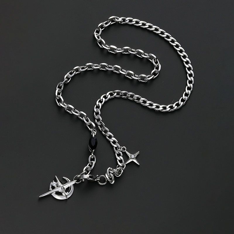 Gothic Cross & North Star Dual-Pendant Splicing Necklace for Men and Women - Titanium Steel Iced Out Cuban Link Chain with Black Gemstone Accents