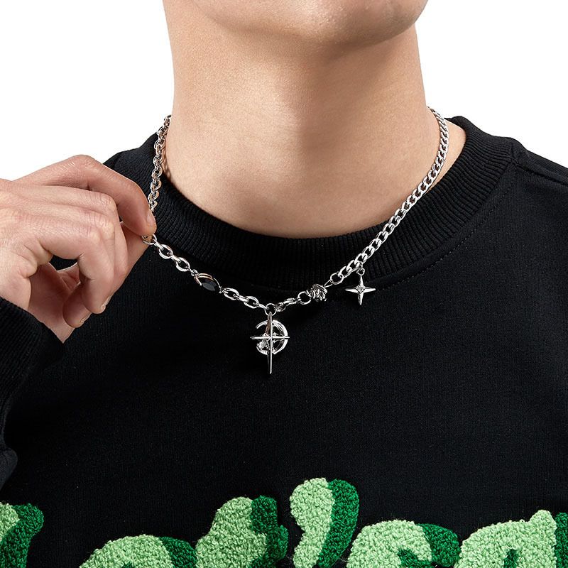 Gothic Cross & North Star Dual-Pendant Splicing Necklace for Men and Women - Titanium Steel Iced Out Cuban Link Chain with Black Gemstone Accents
