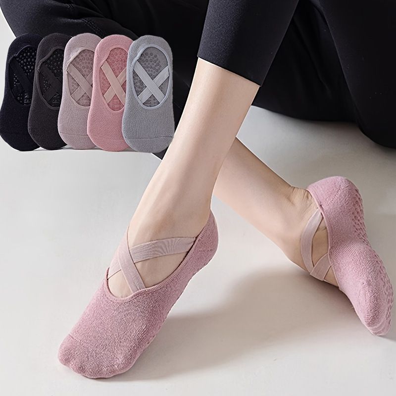5-Pair Purple Premium Non-Slip Yoga & Pilates Socks with Elastic Cross-Straps - Breathable Cotton Ballet-Style High Grip Socks