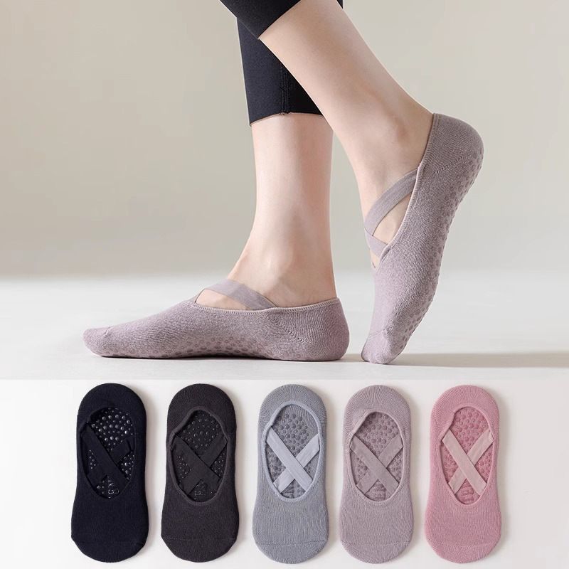5-Pair Blue & Grey Premium Non-Slip Yoga & Pilates Socks with Elastic Cross-Straps - Breathable Cotton Ballet-Style High Grip Socks