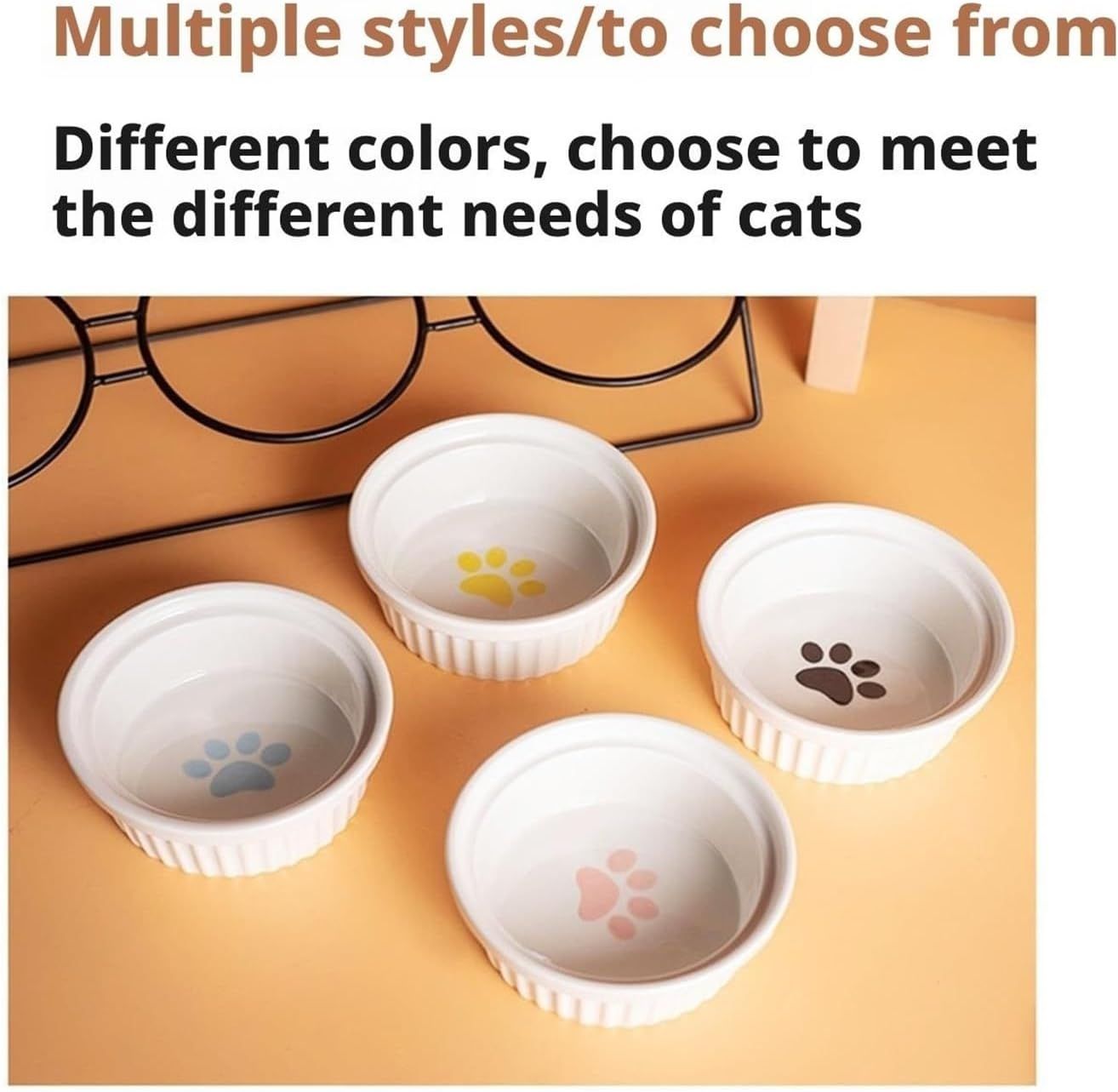 Triple Slanted Ceramic Pet Bowl Set with Elevated Iron Stand and Non Slip Base - 3 x 300ML Versatile Blue Cat Paw Print Pattern Dishes for Water & Food
