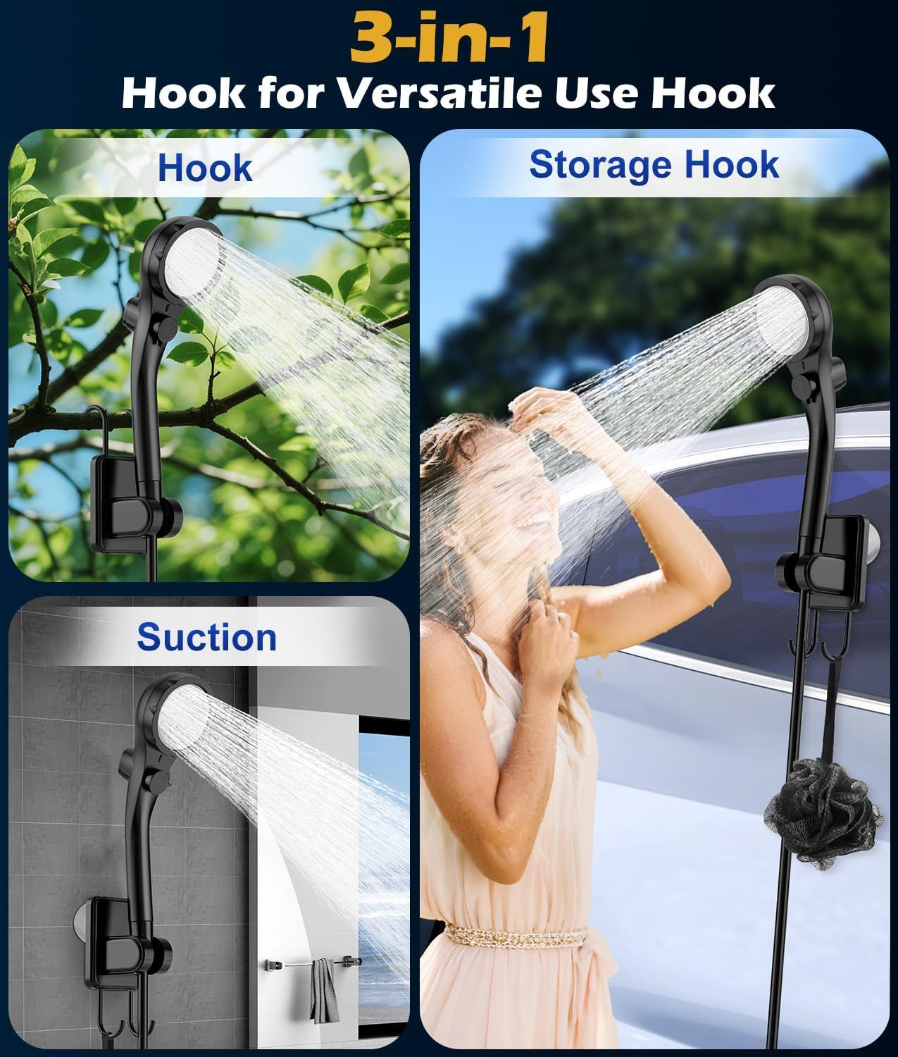 Portable Rechargeable Camping Shower Pump Kit with Digital Temperature Display, 4-Level LED Light, 5-Gear Water Flow - Includes 80x80CM Foldable Shower Basin Tray