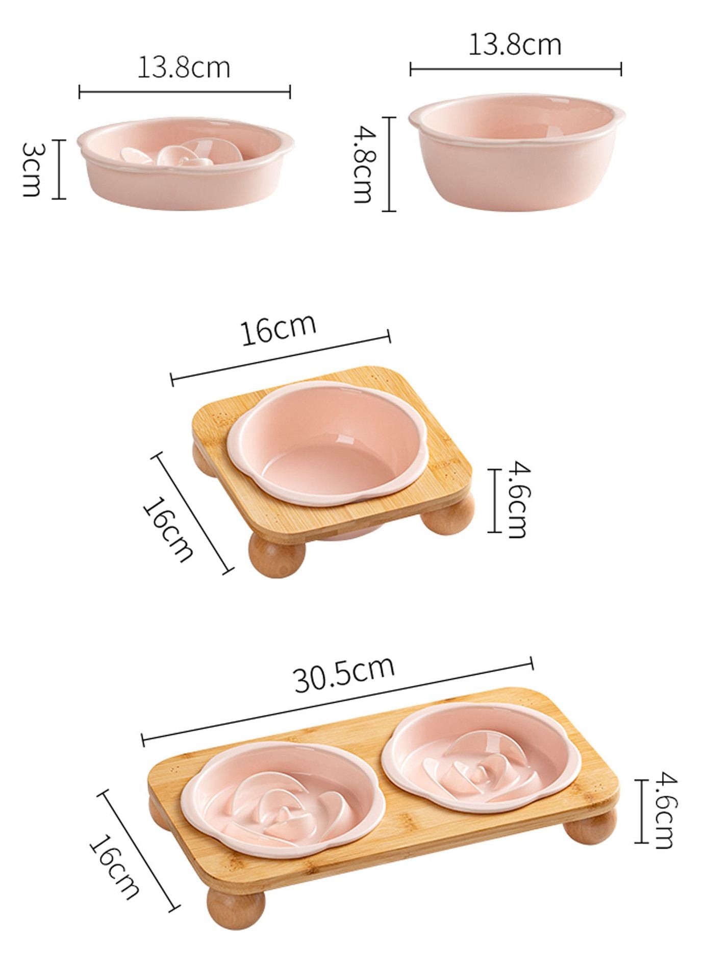 Pink Ceramic Floral Cat Slow Feeder(190ML) & Water Bowl(320ML) Set - Dishwasher Safe Pet Dual Dining Kit with Neck-Friendly Elevated Stand
