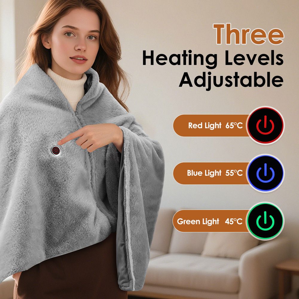 147x82CM Grey Soft Faux Rabbit Fur USB Powered Heated Shawl Blanket with Wearable Zipper, 1.5M Long Cable, 3 Temp Mode & 8 Heating Zones - Portable Electric Blanket for Home Office Travel Camping