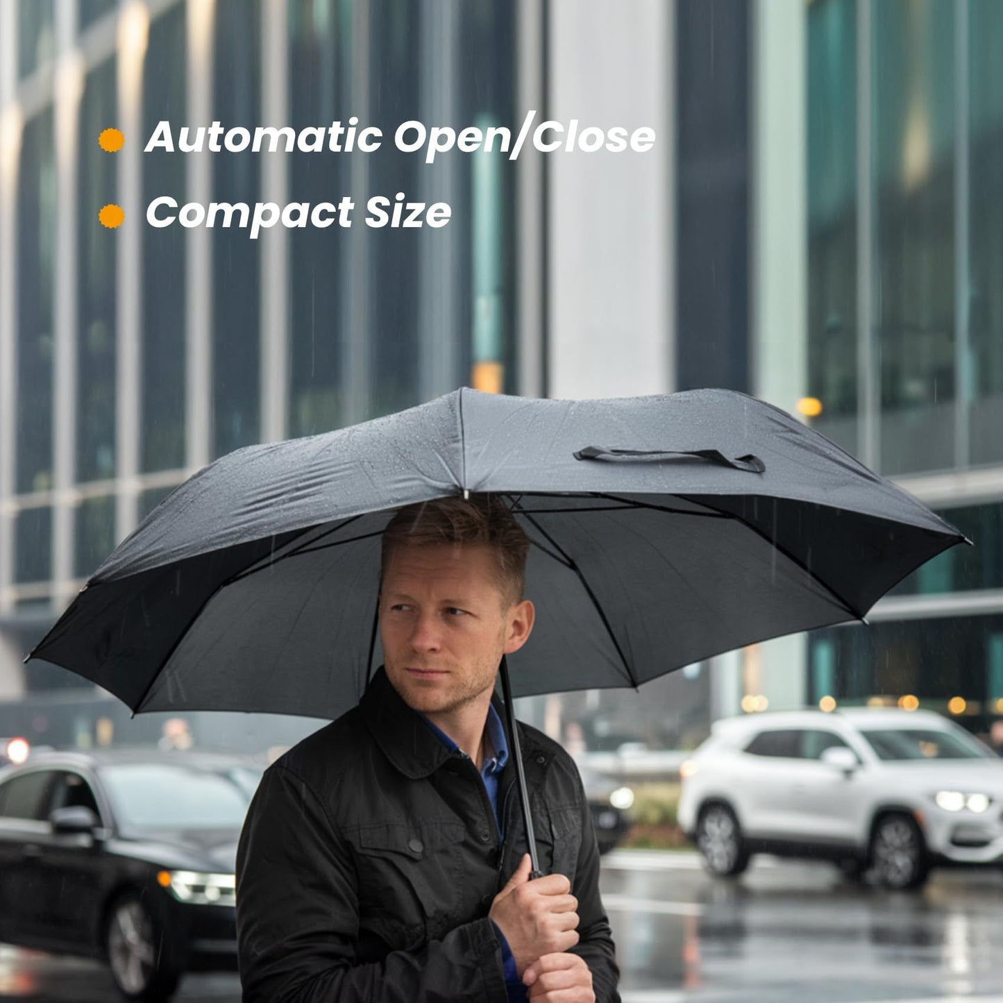 Black 97CM Large Folding Automatic Travel Umbrella with 8 Reinforced Fiberglass Ribs - Lightweight Compact Rain & Sun Shield for Backpack Travel and Commuting