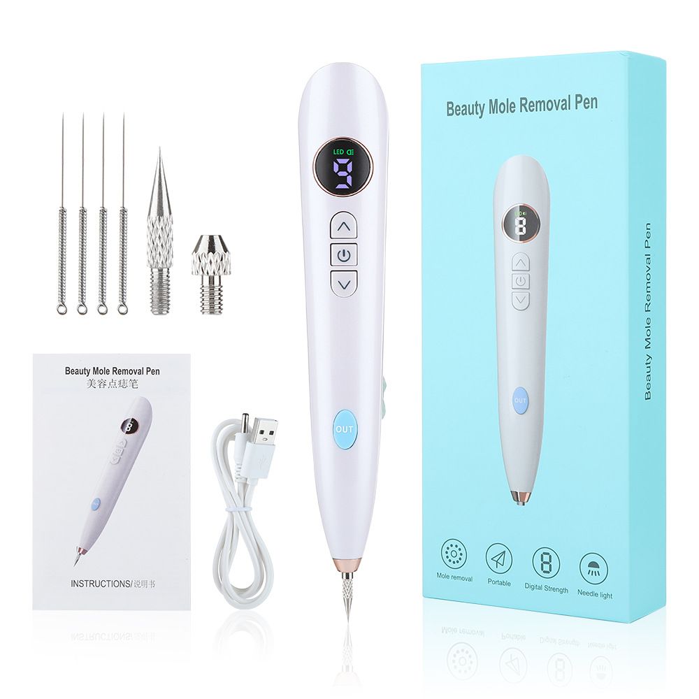 White USB Powered Physical Mole Removal Pen with LCD Display, 7 Needles & 9-Levels Adjustable Intensity - Professional Skin Tag and Dark Spot Remover