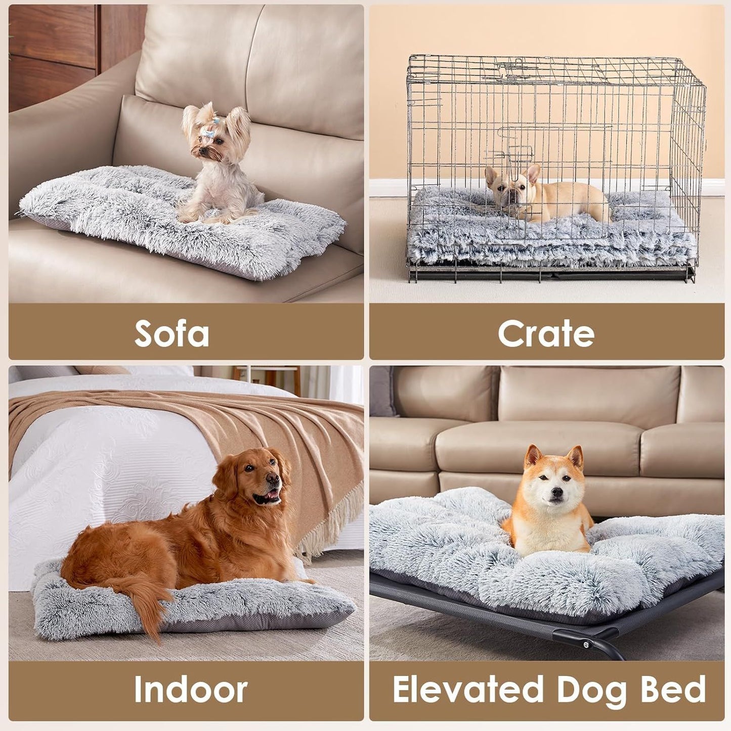 55 x 40 CM Winter Long Plush Dog Bed for Large Dogs - 10CM Thickened Fluffy Faux Fur Pad - Calming Anti Anxiety Pet Cushion with Non-Slip Bottom, Removable & Washable Heavy Duty Bedding, Grey S Size