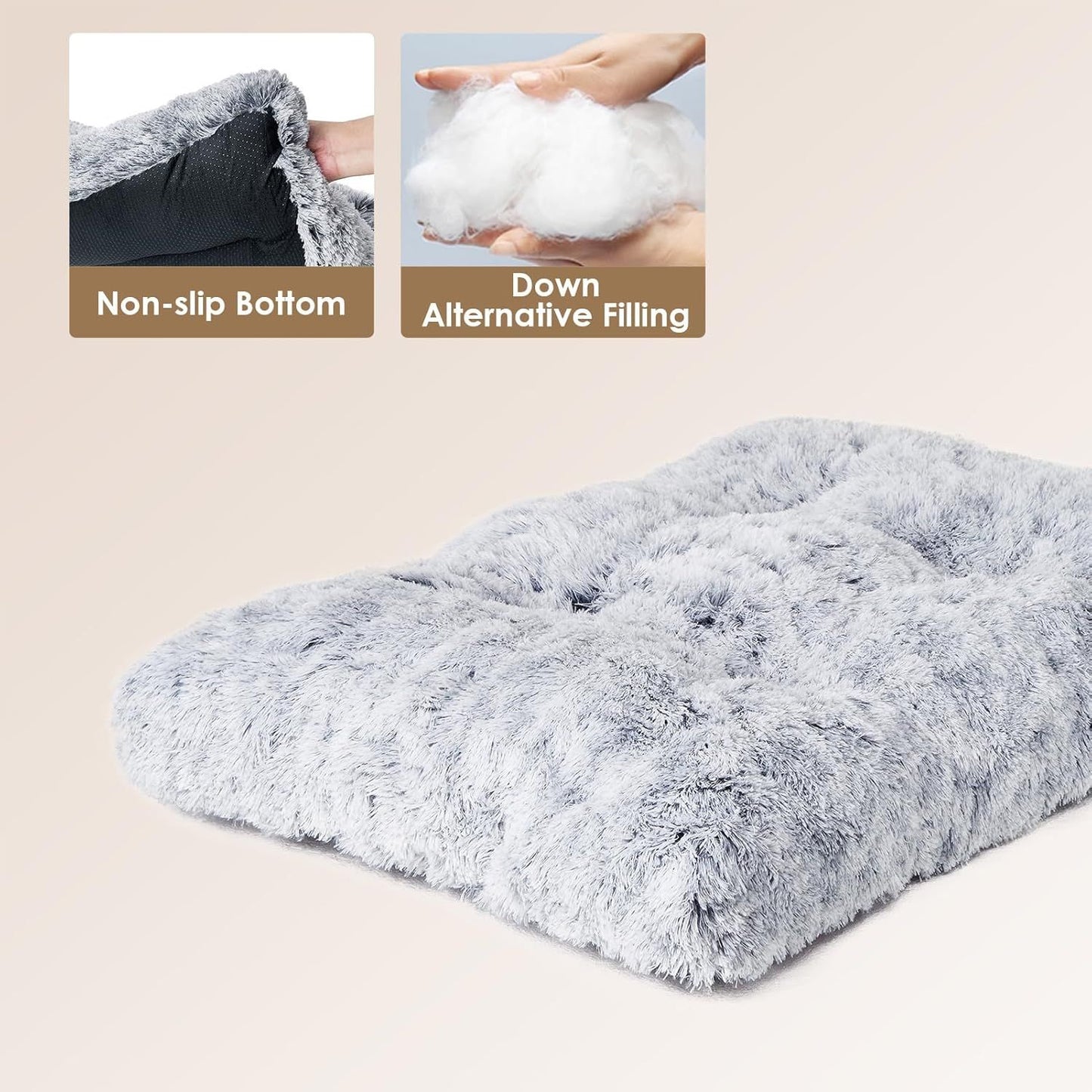 95 x 65 CM Winter Long Plush Dog Bed for Large Dogs - 10CM Thickened Fluffy Faux Fur Pad - Calming Anti Anxiety Pet Cushion with Non-Slip Bottom, Removable & Washable Heavy Duty Bedding, Grey XL Size