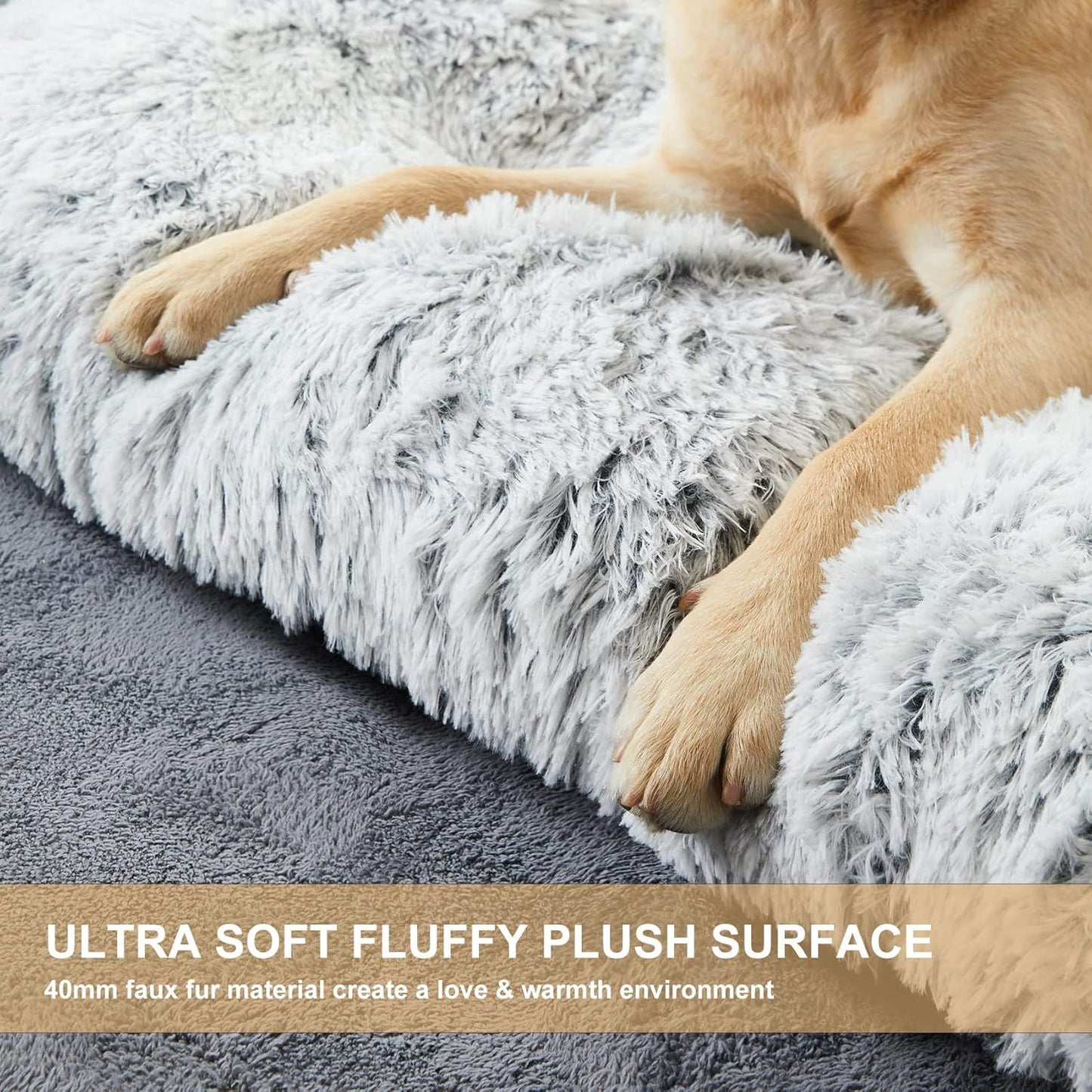 95 x 65 CM Winter Long Plush Dog Bed for Large Dogs - 10CM Thickened Fluffy Faux Fur Pad - Calming Anti Anxiety Pet Cushion with Non-Slip Bottom, Removable & Washable Heavy Duty Bedding, Grey XL Size
