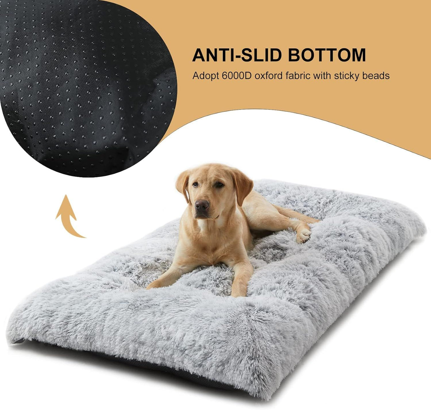 95 x 65 CM Winter Long Plush Dog Bed for Large Dogs - 10CM Thickened Fluffy Faux Fur Pad - Calming Anti Anxiety Pet Cushion with Non-Slip Bottom, Removable & Washable Heavy Duty Bedding, Grey XL Size