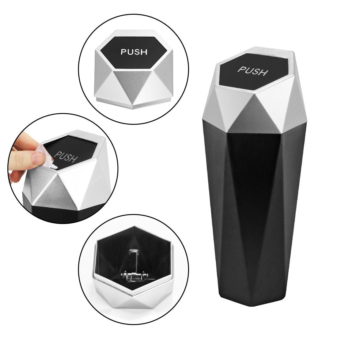 550ML Black Car Trash Can with Automatic Rebound Lid & Diamond Design - Portable Waste Bin and Odour Proof Storage, Easy to Clean for Office Home Car Center Console