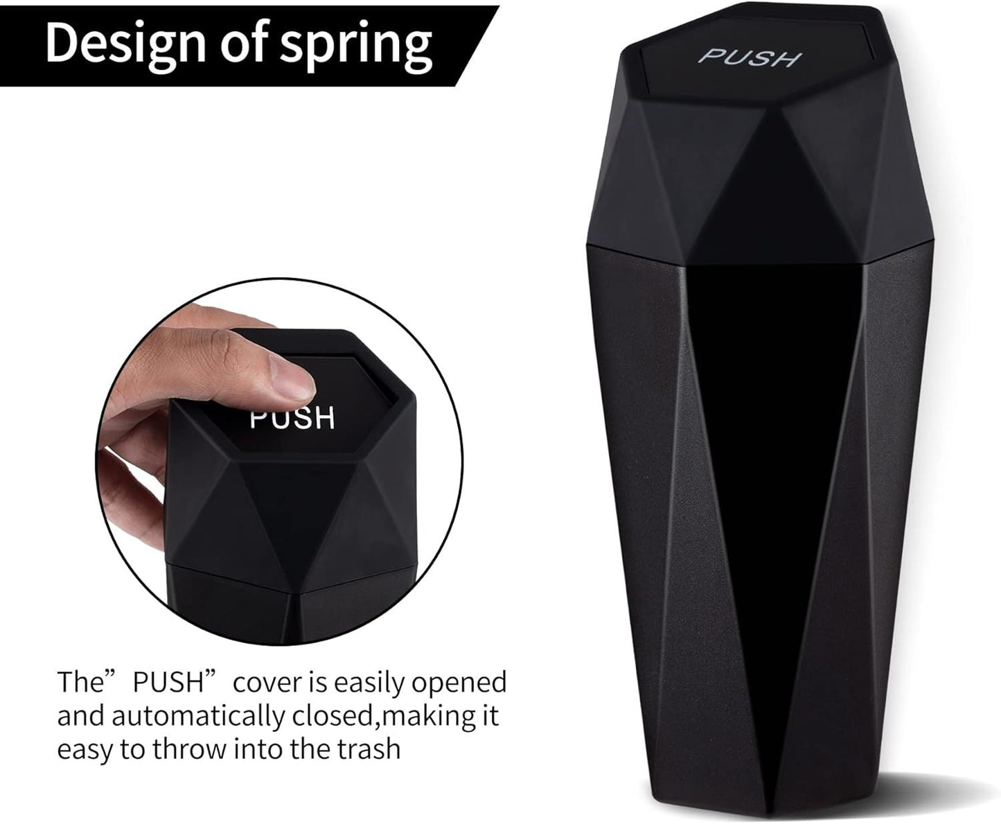 550ML Black Car Trash Can with Automatic Rebound Lid & Diamond Design - Portable Waste Bin and Odour Proof Storage, Easy to Clean for Office Home Car Center Console