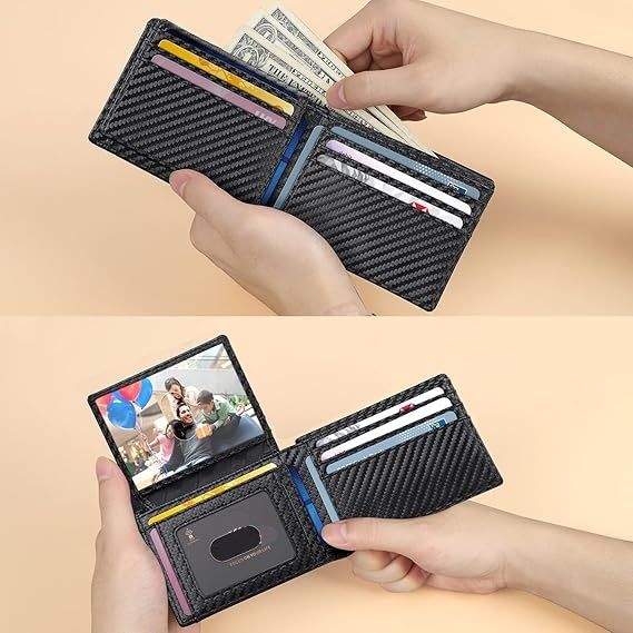 Black Men's Carbon Fiber Slim Trifold Wallet - RFID Blocking, Dual ID Windows & 15 Card Slots - Minimalist Gift for Business and Travel